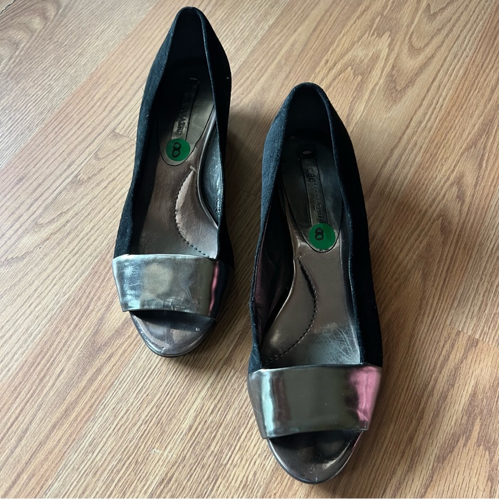 BCBG MaxAzaria Black and Silver Peep-Toe Heels Size 8